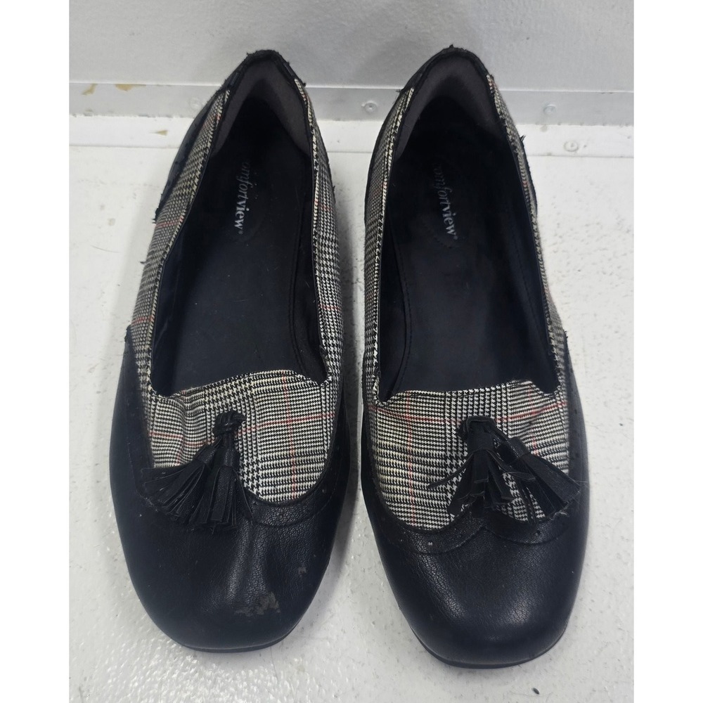 Comfortview Women's 11WW Black Plaid Tassel Brogue Slip On Loafer Flats Shoes